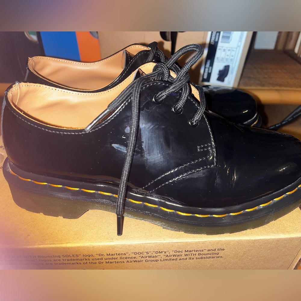 Dr. Martens Black Patent Leather 3-Eye Derby Flats with Yellow Stitching